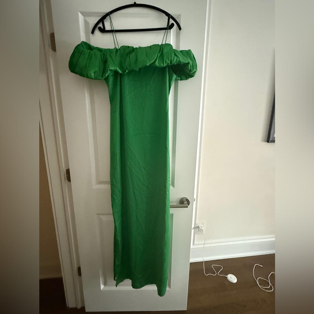 $475 ORIRE Amella Cold Shoulder Column Gown Elegant Green Off-Shoulder SZ 12 - Picture 5 of 10